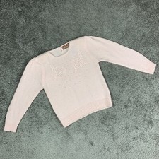 Vintage 80s Pastel Pink Fluffy Sweater Pearl Beaded Cottage Puff Sleeve Medium