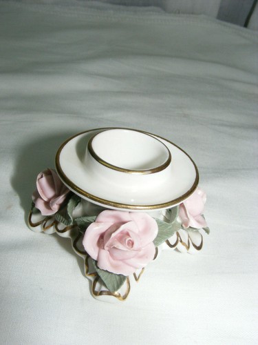 Vintage Dresden Porcelain Candle Holder Pink Roses Alka Germany 1950's 2-b - Picture 3 of 7