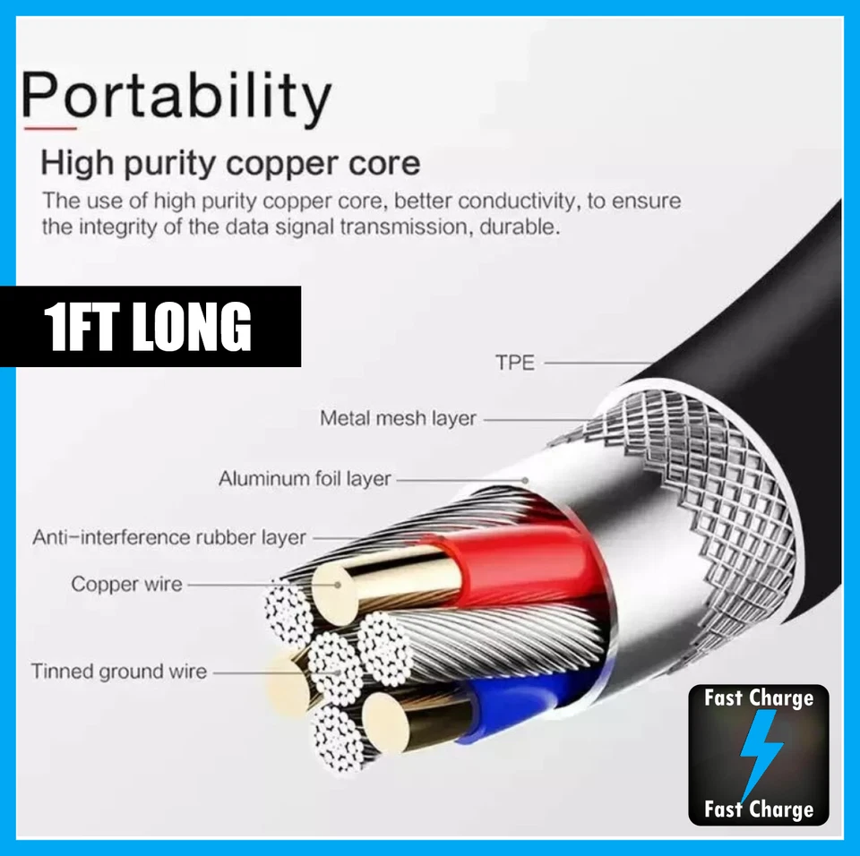 3 PACK 1FT Short USB-C to USB-A Cable Fast Charger Type C Charging Cord Sync - Image 3 of 4