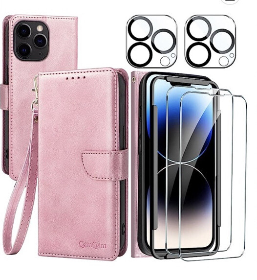 Sleek Rose Leather iPhone 14 Pro Case with 3-Card Holder Accessories
