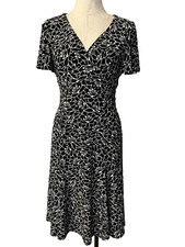 Chaps Ralph Lauren Dress Black Ivory S Small Stretch Short Sleeve Washable NEW