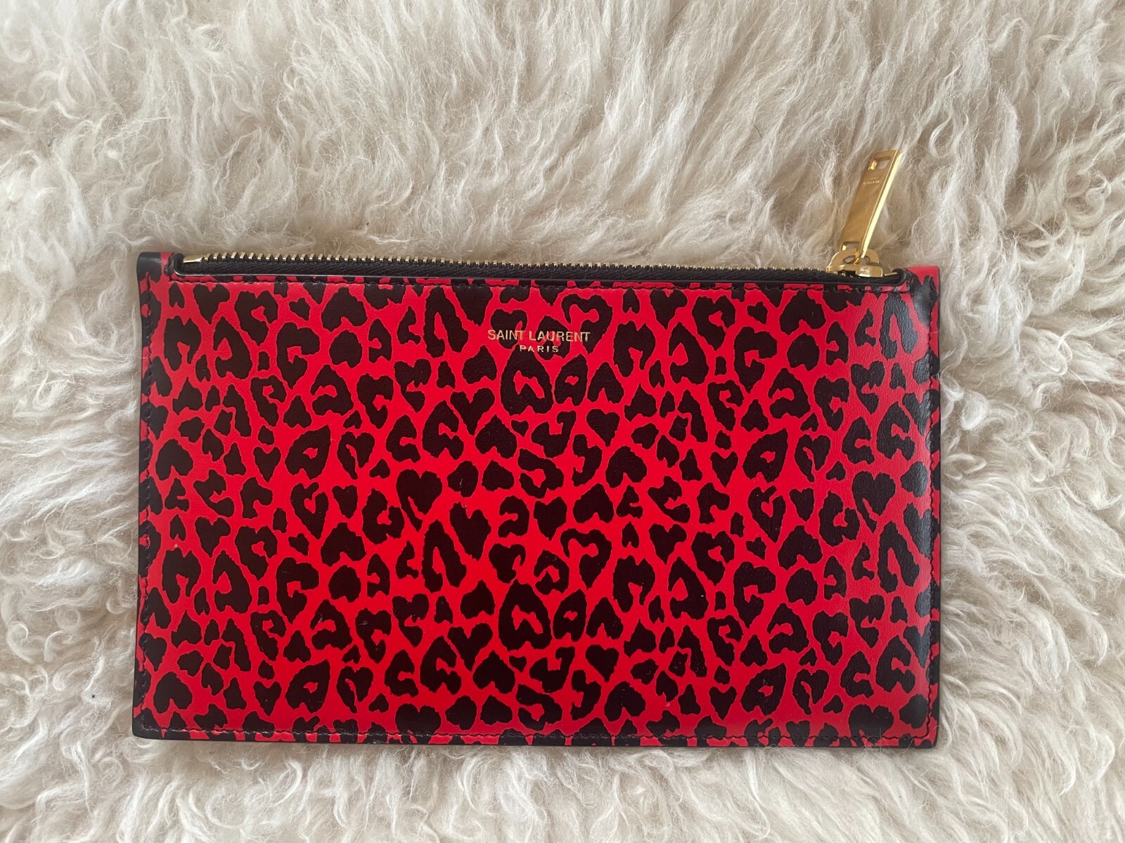 YSL Saint Laurent Rouge Fiesta Custodia Friend in Pelle di vitello Cerniera Rossa Leopardata