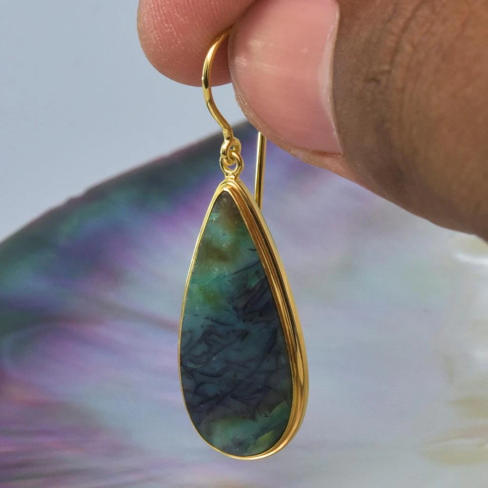 Pendientes Oro 18K Vermeil Plata de Ley Petrificada Fósil Madera Cabujón 6.31 g Foto 3 de 4