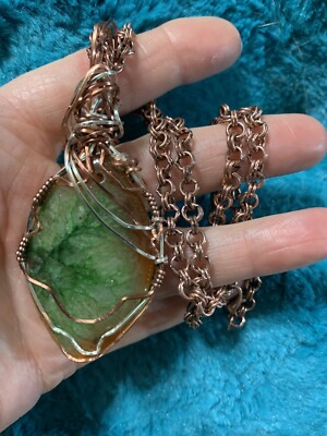 Beautiful Green And Rust Tone Stone With Silver And Antique Copper Wire Wrapping