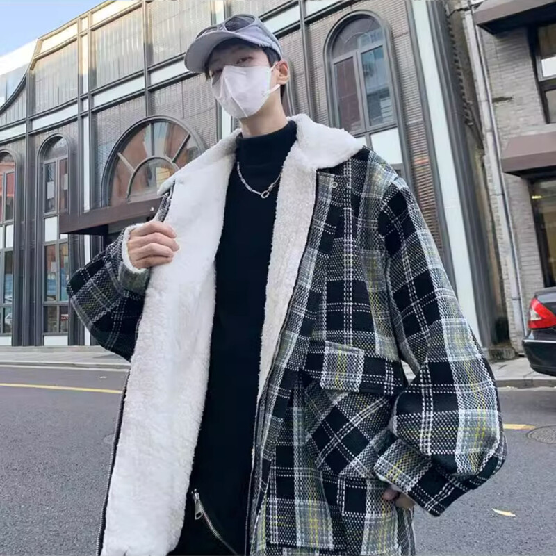 Men Faux Wool Padded Parka Jacket Retro Warm Loose Plaid Coat