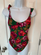 J Crew Emerald Green Bold Floral Ruffled Shoulder Swimsuit Size S