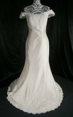 Paloma Blanca 10 Wedding Dress Ivory Silk  Lace Off Shoulder Train Damaged New