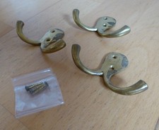 Set of 3x Wall Mounted Polished Brass Double Coat Hooks