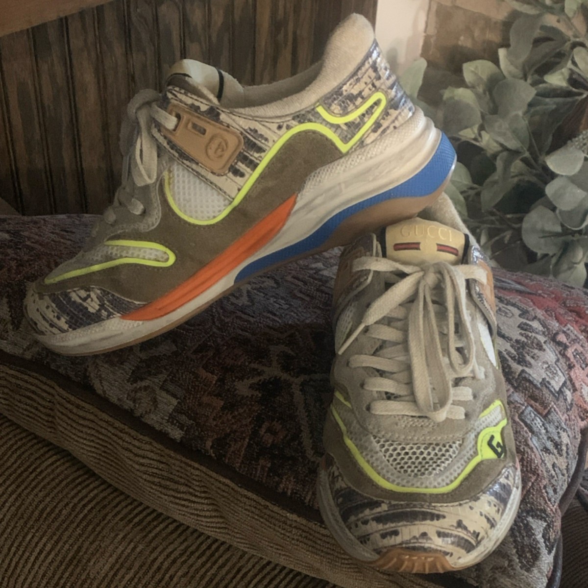 Gucci Multicolor Lace Up Athletic Sneakers Gray White Neon  display picture 3