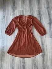 Lulus Lucia Polka Dot Three Quarter Sleeve Dress Brown Women's Size S