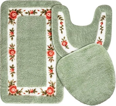 Bathroom Mats Sets 3 PCS Floral Bath Rug Toilet Lid Cover & U-Shaped Toilet Rug