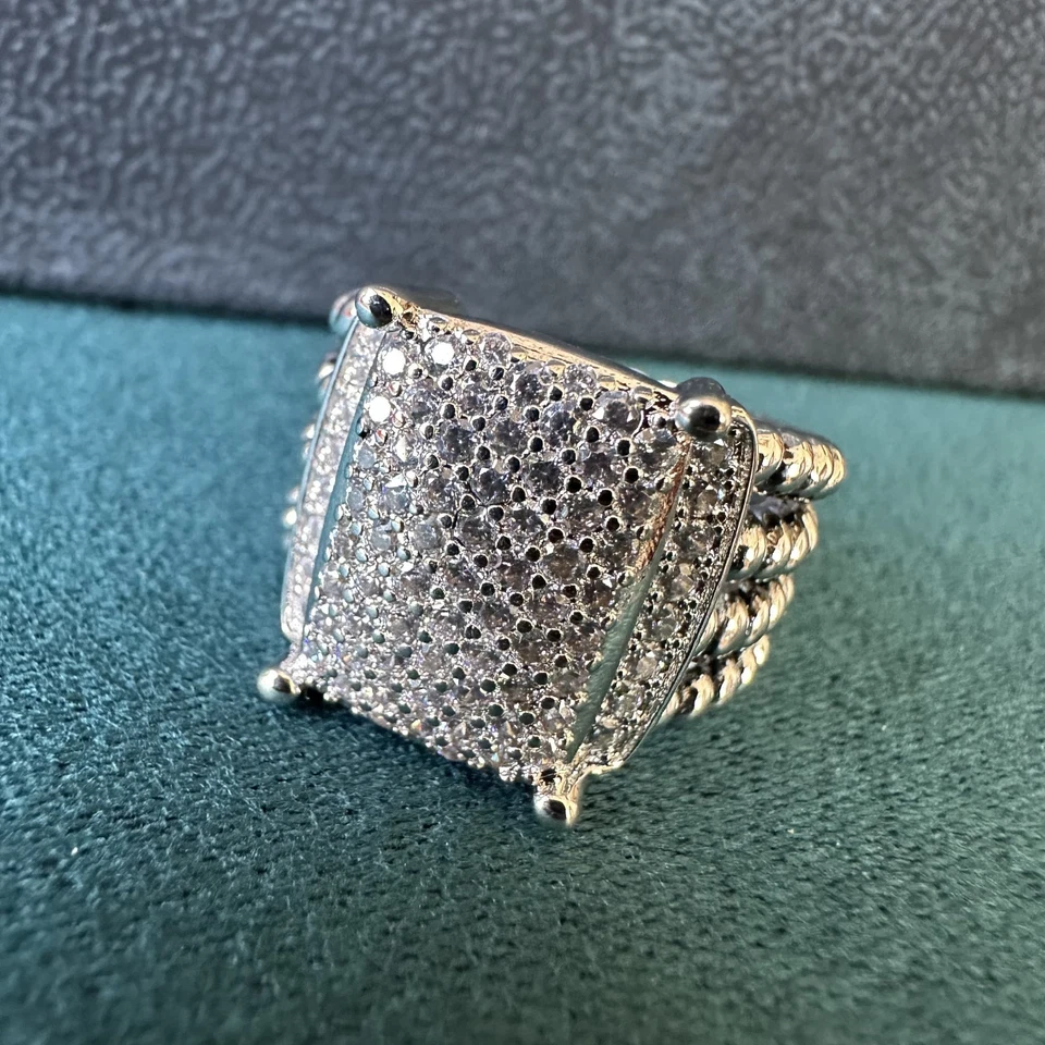 Anillo David Yurman Plata de Ley 925 16x12mm Pavé de Diamantes Wheaton Talla 7 Foto 4 de 4