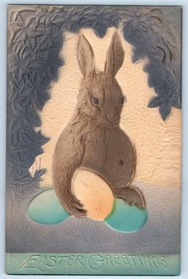 Easter Greetings Rabbit Bunny With Eggs Airbrushed Embossed Antique Postcard