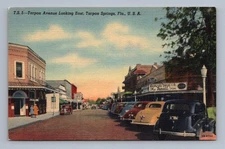 Vintage Florida Postcard TARPON SPRINGS Tarpon Avenue 1940s Linen