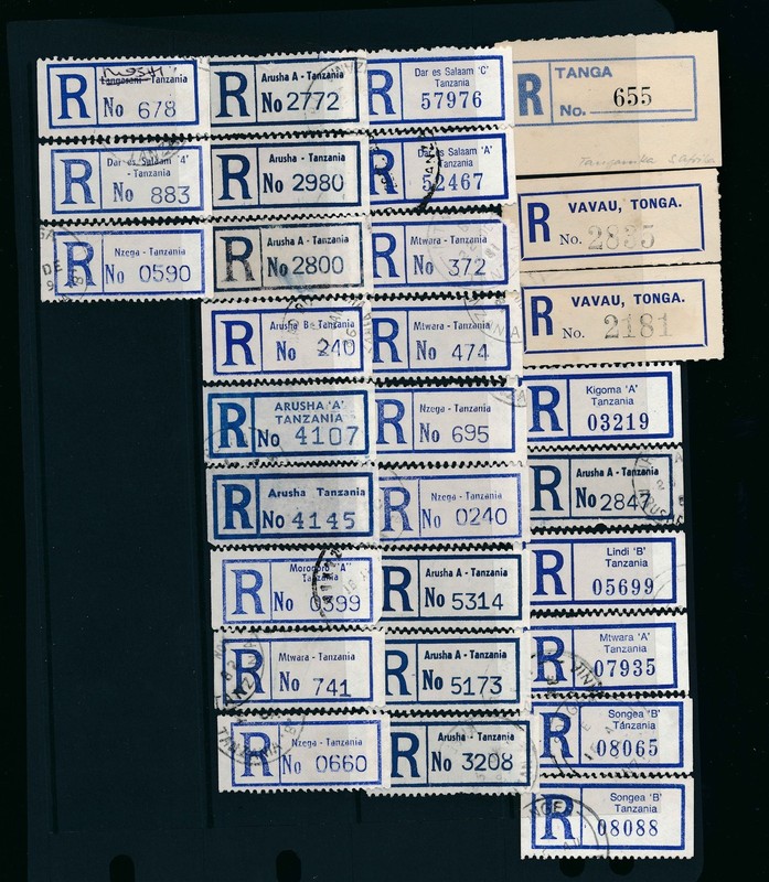 Tanzania Registration Labels Lot of 28 + 2 Vava’u Tonga Postal History