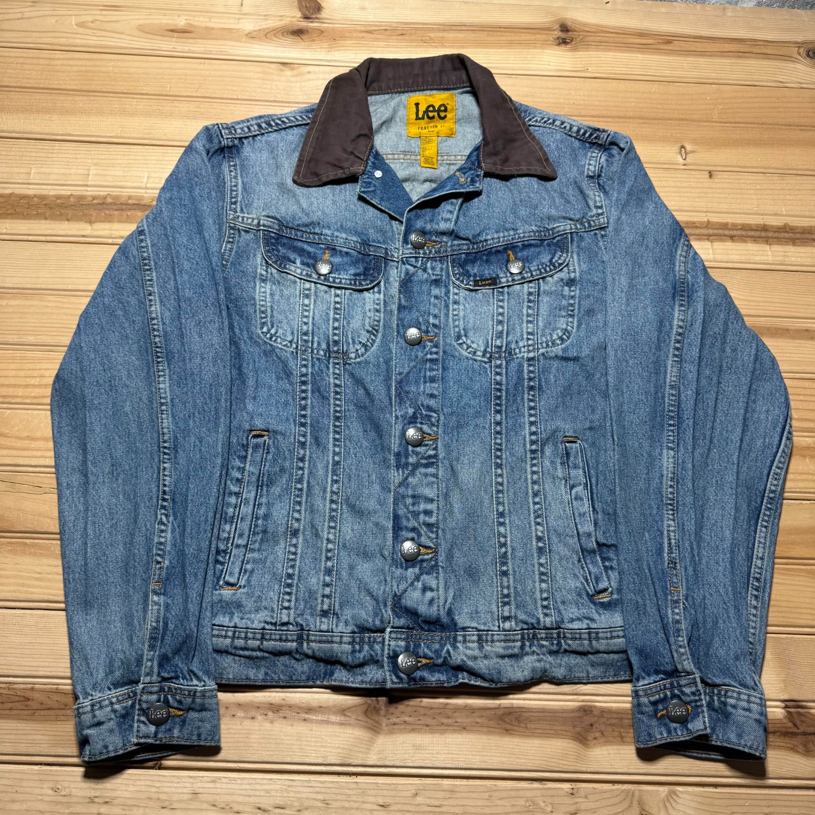 Lee Forever 21 Dark Wash Faded Blue Corduroy Collar Denim Trucker Jacket - Large