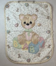 Precious Moments Baby Crib Blanket Quilt Bear Blocks Eyelet Trim Reversible VTG