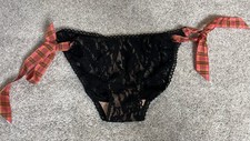 Victoria's Secret Y2K Black Lace Plaid Side Tie Bikini Panty Size Medium