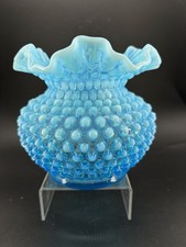 Vintage Fenton blue/white opalescent hobnail vase with ruffled rim