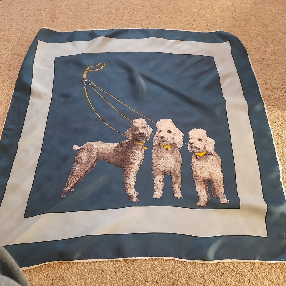 Vintage 1950s Poodle Scarf Acetate Hand Rolled Stitched Blue & Yellow 26" Square - Image 2 of 4