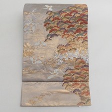 Japanese Kimono Fukuro Obi Silk Pine and flying crane pattern Gray 173.2inch