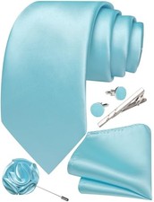 Solid Color Ties for Men Silk Satin Necktie and Pocket Square Cufflinks Aqua