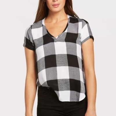 Anthropologie Cloth & Stone Buffalo Check V Neck Short Sleeve Boho Casual Top