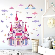 Cartoon Castle Wall Decals Rainbow Cloud Butterfly Wall Stickers for Girls Be...