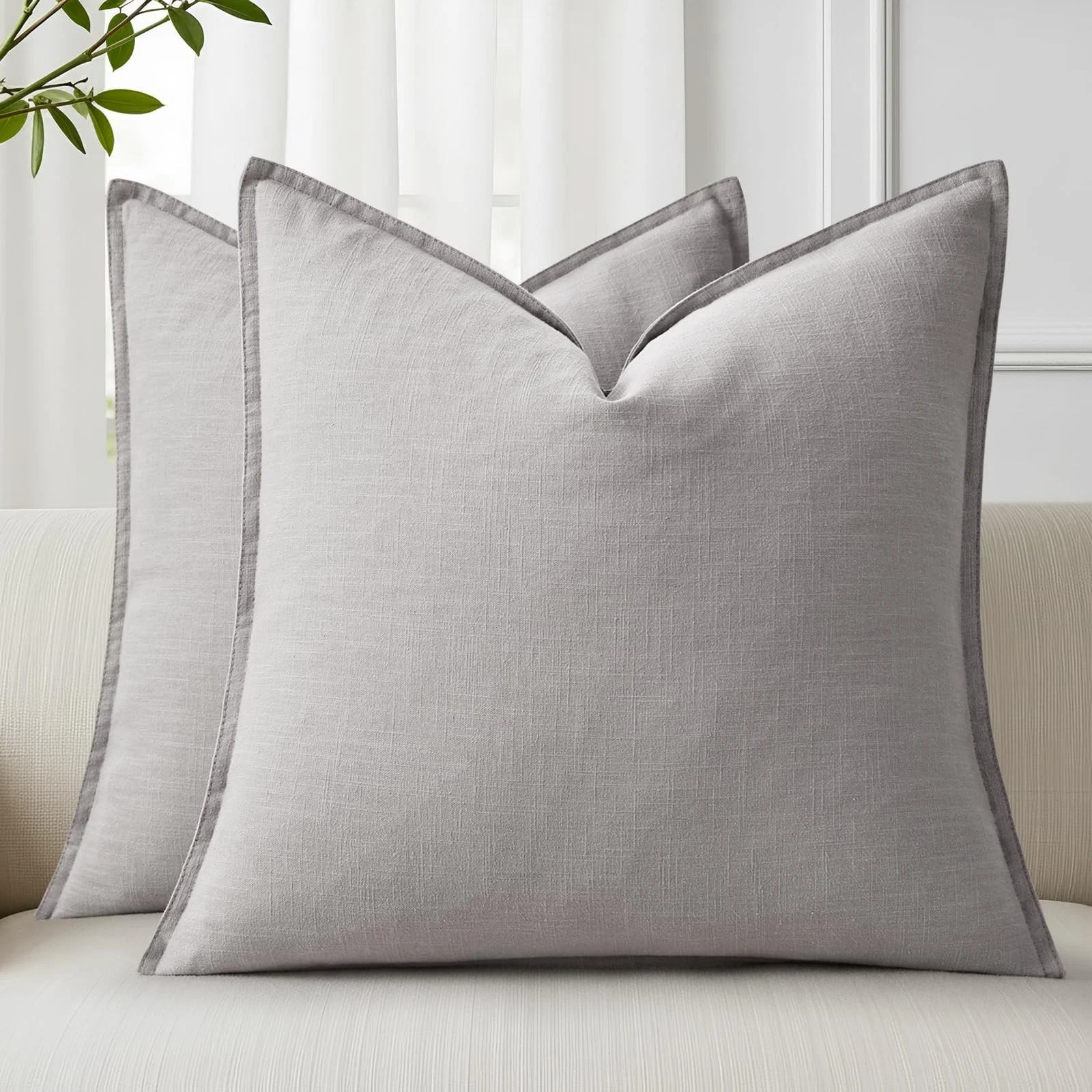 Summer Decorative Linen Throw Pillow Covers 18x18 Inch Set of 2 Light Grey Pi...
