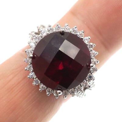 Fabulous Sterling Silver White and Garnet / Colored CZ HALO Ring Size 7.75