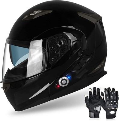 DOT Bluetooth Motorcycle Helmet Modular Dual Visor Headset Intercom + Gloves
