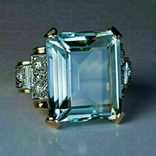 Art Deco 7.20 Ct Emerald Cut Aquamarine Vintage Wedding Ring 14K Yellow Gold FN