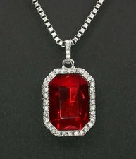 Hip Hop Simulated Ruby Pendant With Stainless Steel 22" Box Chain