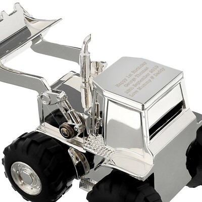 Personalised Engraved Silver Digger Tractor Money Box Christenings,  Birthdays