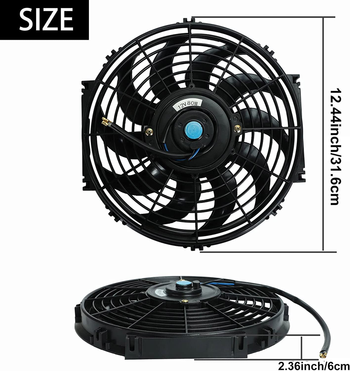 KSTE 12 inch universele radiatorkoelventilator, 80 W slanke elektrische motorventilator met montagekit, koelvermogen 2150CFM, voor auto-accessoires