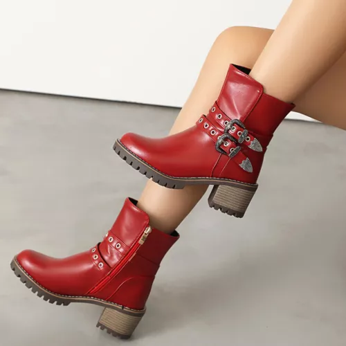 Women Booties Mid Chunky Heel Round Toe Zip Up Casual Buckle Fashion Ankle Boots - Bild 10 von 29