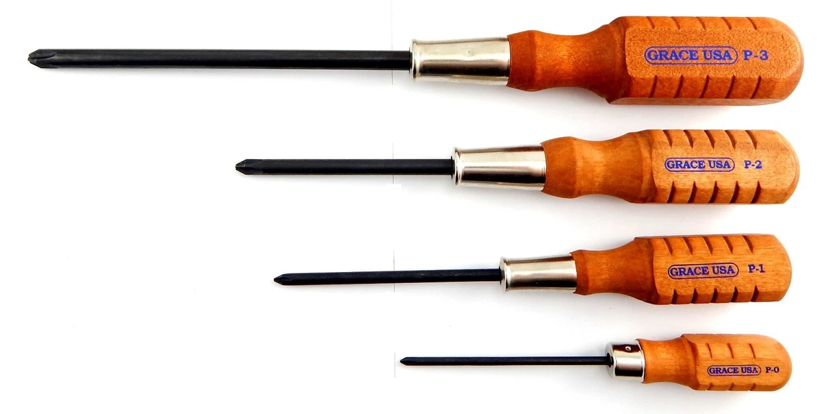 Grace 4pc Phillips Screwdriver Set P0 P1 P2 P3 Wood Handle Made in USA