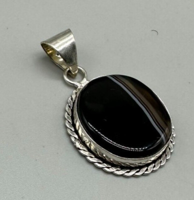 Schwarz gestreifter Achat Anhänger 925 Sterlingsilber oval gedrehtes Seil Rahmen 1,5''