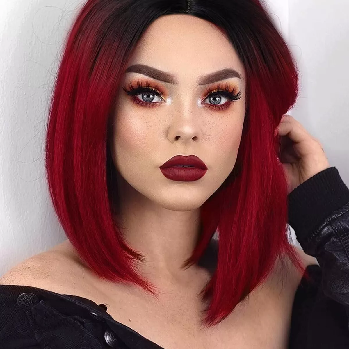 Wine Red Wigs Short Bob Straight with Dark Roots Ombre Wig Middle