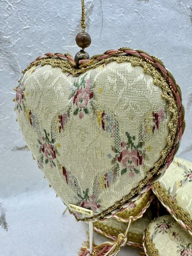 Vintage Christmas Ornament Victorian Style Heart Gold Pink Floral Set Of 9 - Picture 12 of 18