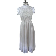 Y2K Lace Crochet Dress Womens JR Large White Crochet Cottage Fairy Boho Coquette