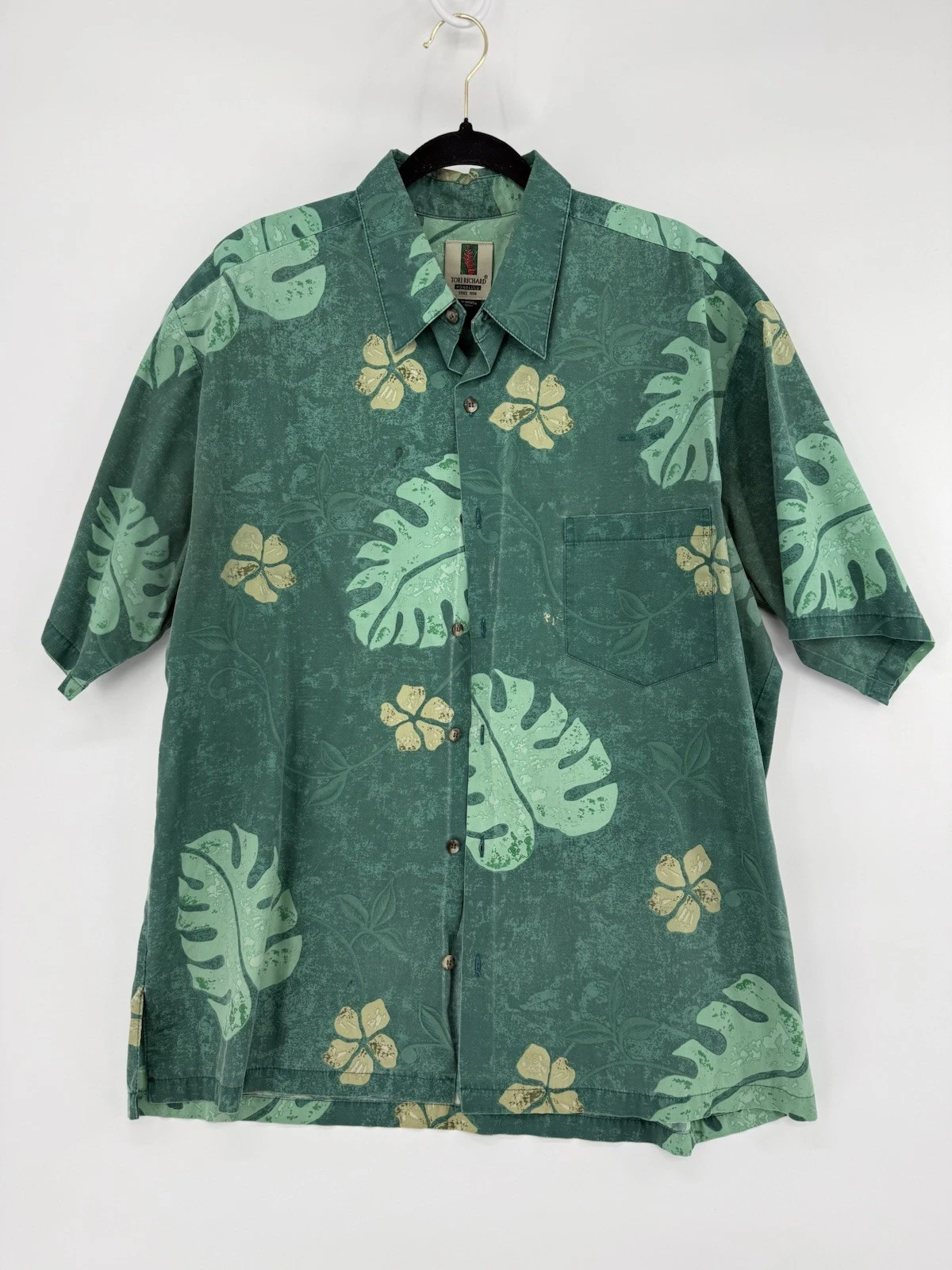 Tori Richard Shirt Mens XL Green Leaf Print Short Sleeve Hawaiian Button Up