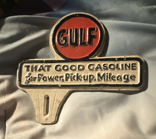 Gulf Gasoline Advertising Sign Orange Black White Power Pickup Mileage
