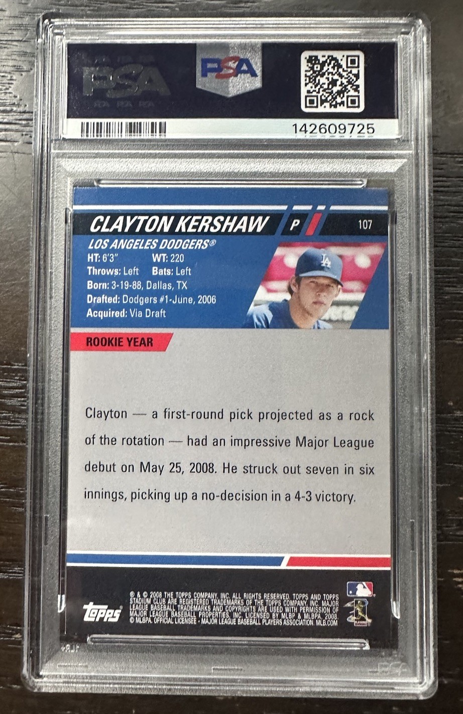 2008 Stadium Club #107 Clayton Kershaw PSA 8 view 2