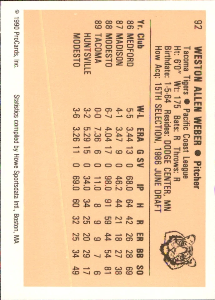 Wes Weber 1990 ProCards #92 RC Tacoma Tigers *AutographDen* - Image 2 of 2
