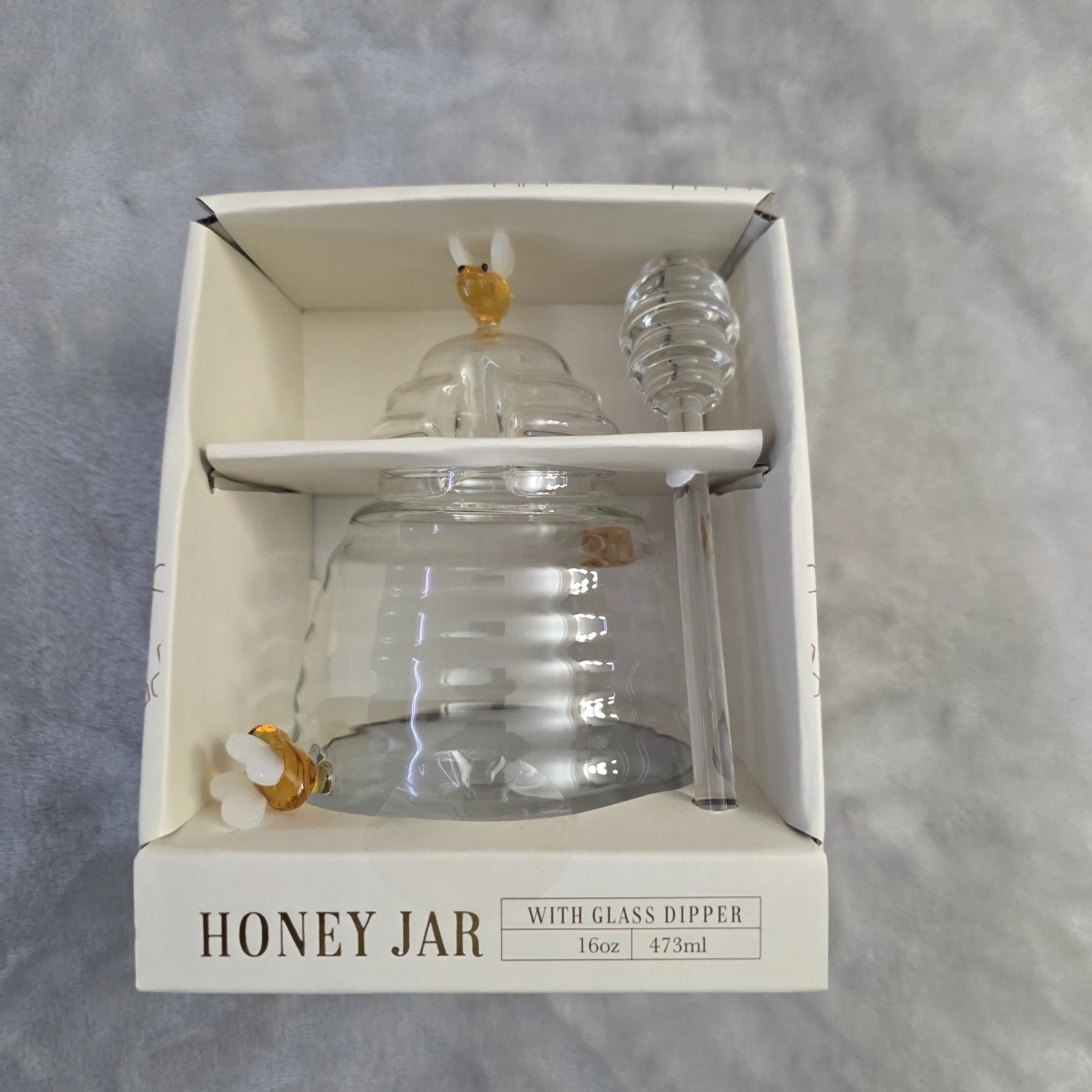 Glass Honey Jar; Glass Honey Pot with Lid and Glass Dipper; Cute Bee Design