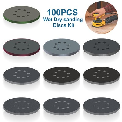 100PCS 5'' Sanding Discs 8 Hole Wet Dry Hook Loop Sandpaper for DA Orbital Sander