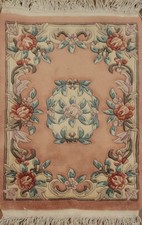 Art Deco Chinese Handmade Foyer Rug 2x3 Floral Oriental Wool Coral Accent Carpet