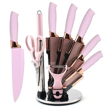 Knife Set 9 Pieces Stainless Steel Non Stick Kitchen Knife Block Set Pink