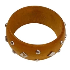 Western Style Silver Studded Wood Wide Bangle Bracelet Southwest Boho Chic